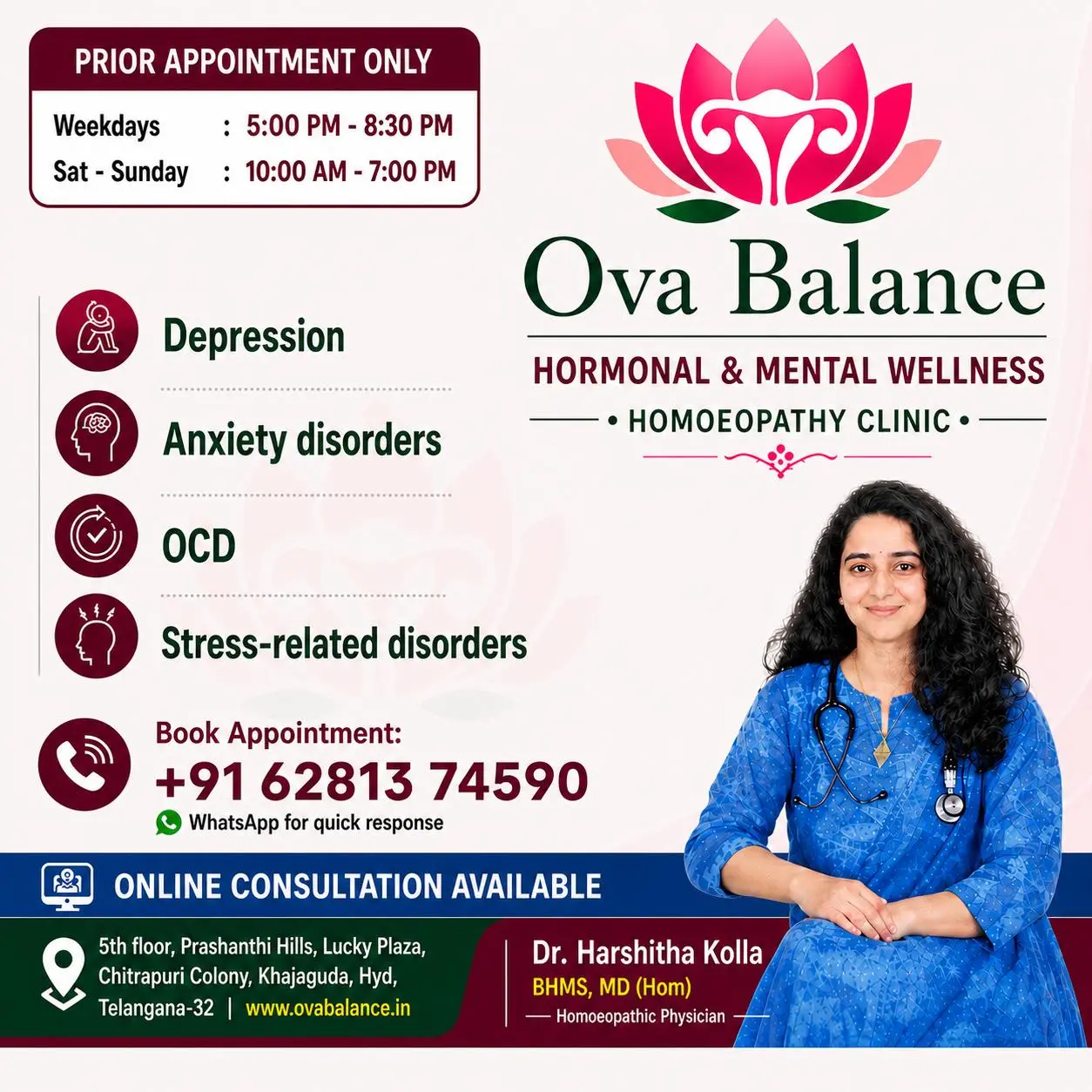 OvaBalance appointment card with clinic hours, conditions treated, phone number, and address